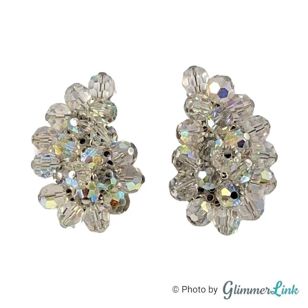 VTG AB Aurora Borealis Beaded Paisley Cluster Silver Tone Clip On Earrings